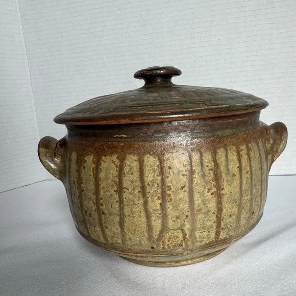 Studio Pottery Lidded Casserole Dish Signed Drip Glaze Earth Tone MCM Organic - Picture 9 of 12